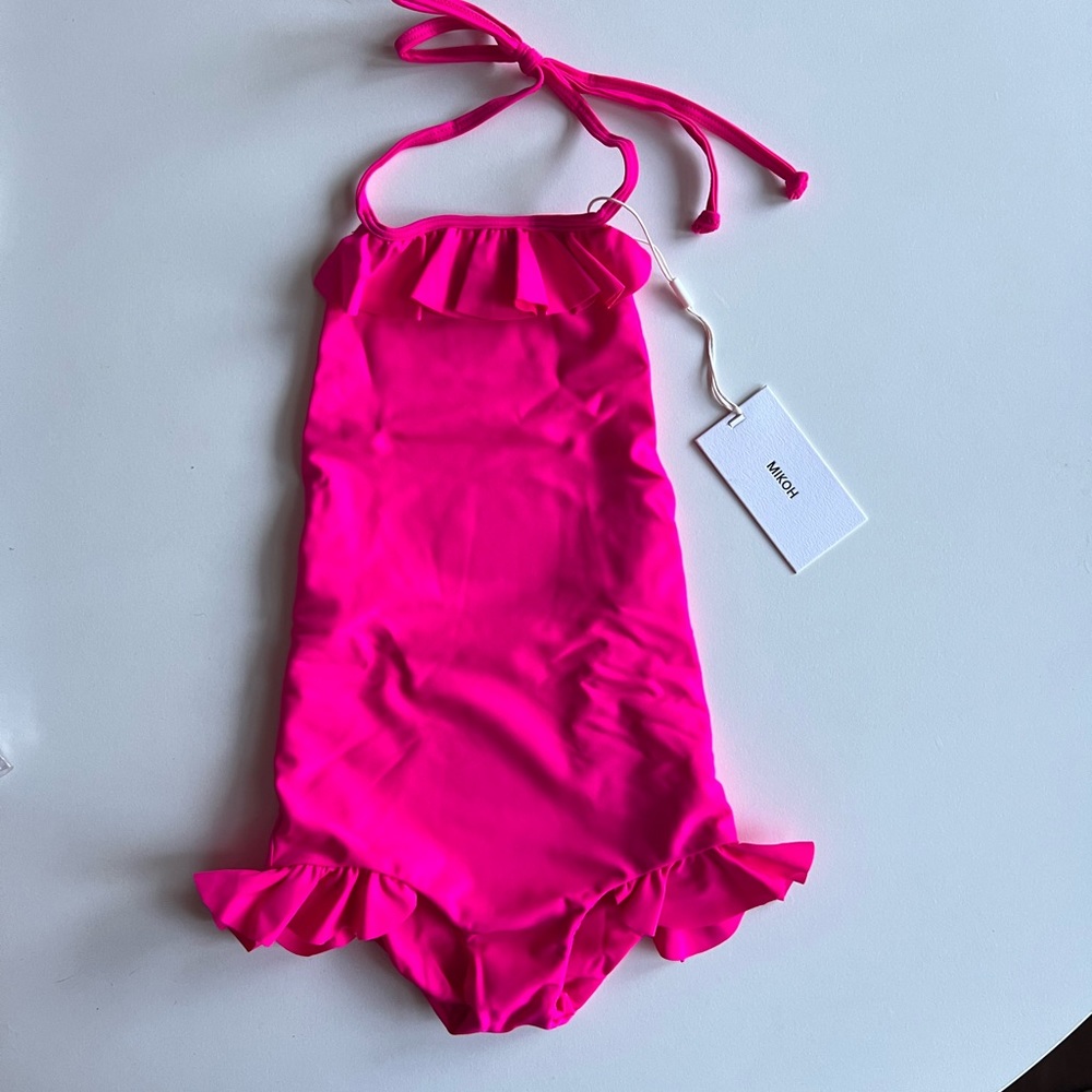 MIKOH MINI Ruffle Front Detail Halter One Piece in Pop Pink NWT